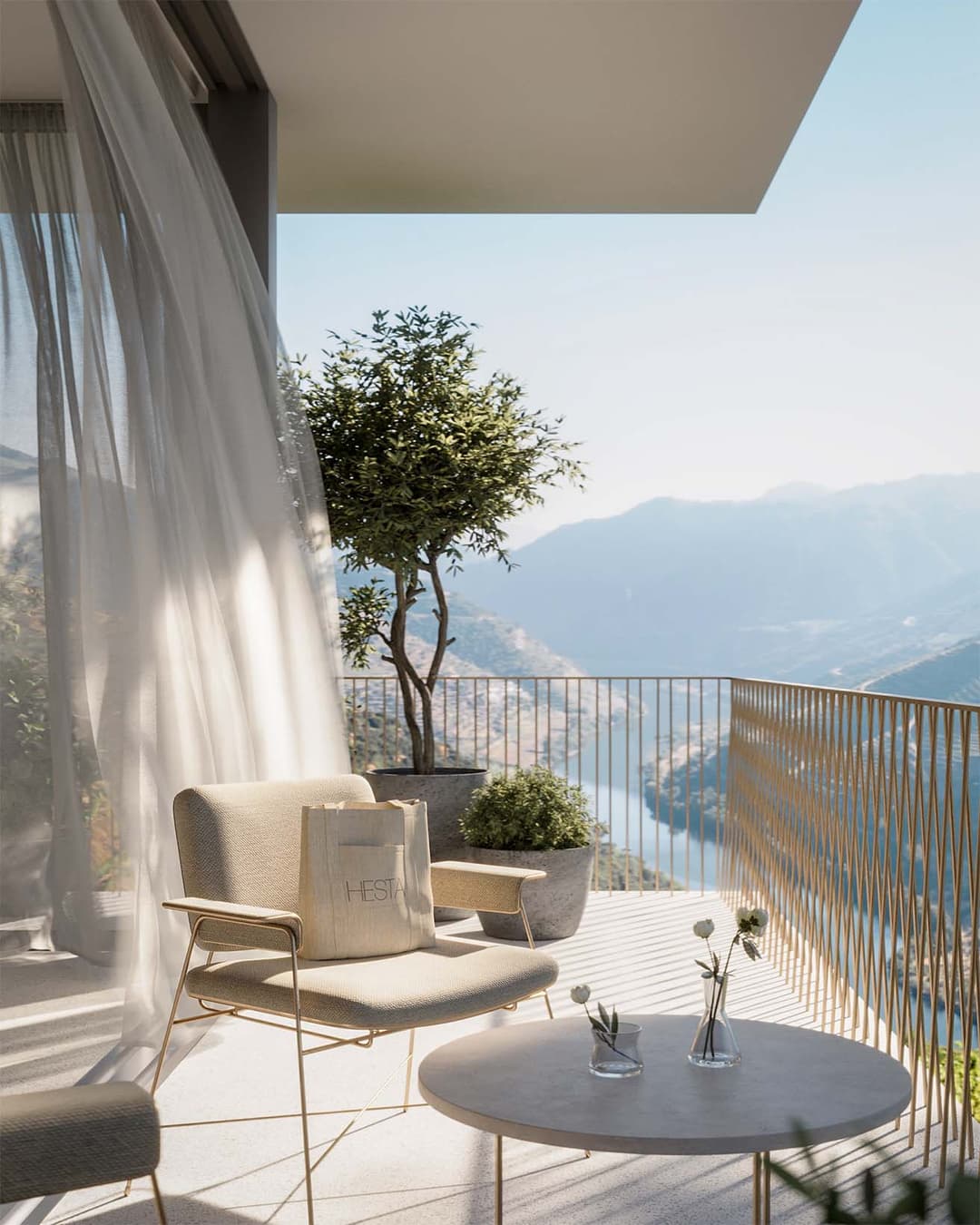 View of the house balcony to a mountain river.